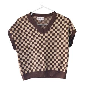Willow&Wind Womens Checkered Pattern Print Brown&Tan Vest Sweater Sz Small